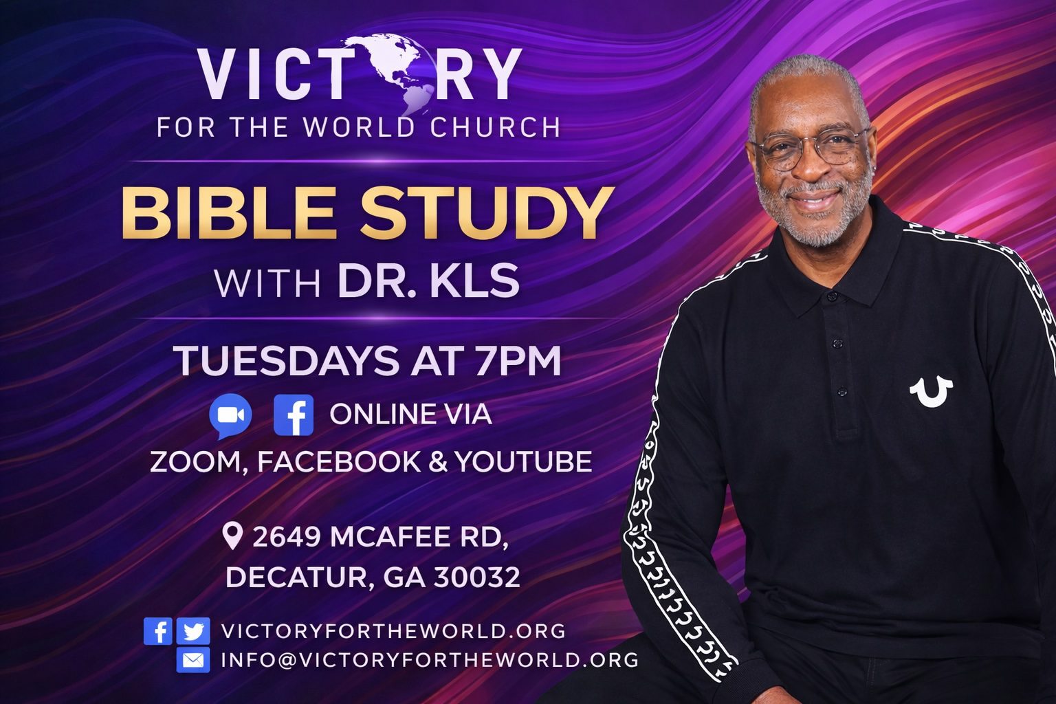 A flyer announcing a Bible study event on Tuesdays at 7:00 PM.