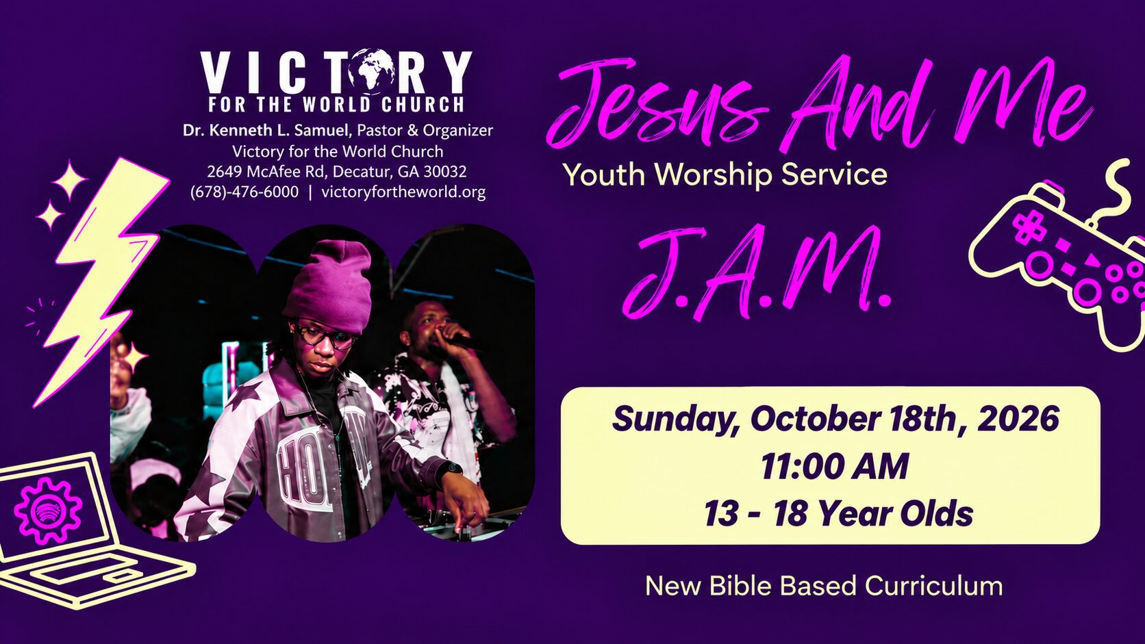 Purple flyer for J.A.M. (Jesus And Me) Youth Worship Service at Victory for the World Church, Sunday, October 18, 2026 at 11:00 AM for ages 13 to 18, featuring a new Bible-based curriculum. Shows a young DJ in a purple beanie and a performer with a microphone.